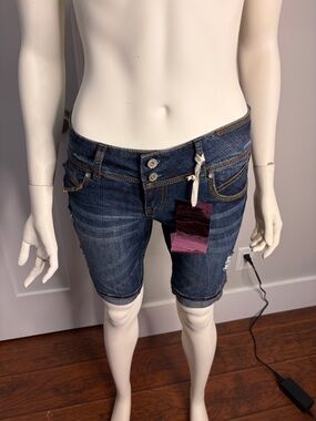 Almost Famous Women's Distressed Dark Blue Jean Shorts